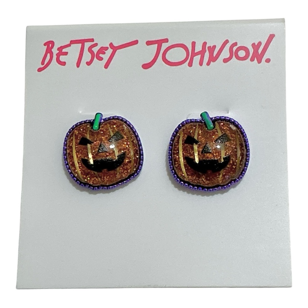BETSY JOHNSON Halloween Jack-O-Lantern Pumpkin Face Orange Black Stud Earrings - Picture 8 of 13